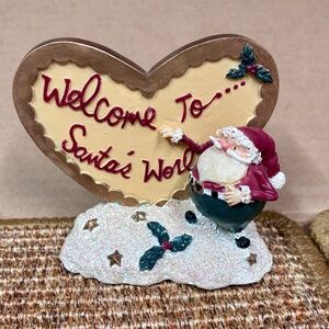 Vintage Nantucket Christmas Statue Welcome to Santa's World, Glitter Holly Heart